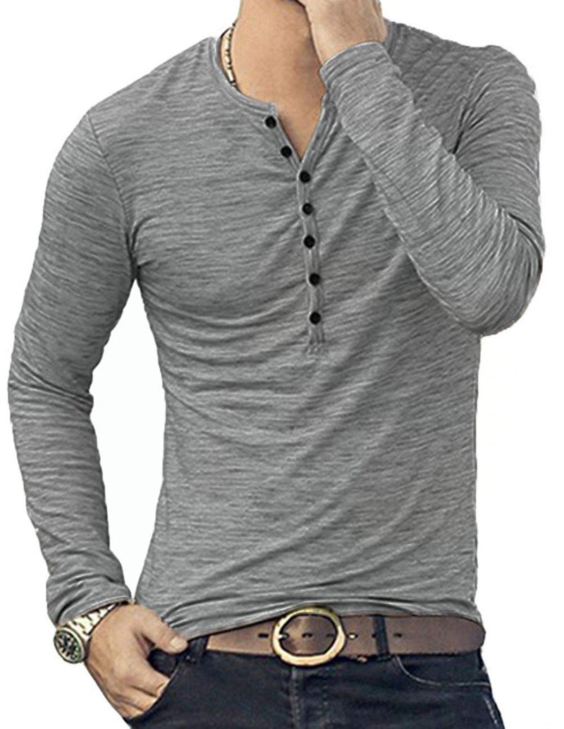 KUYIGO Men's Casual Mens Shirts Stylish Basic Henley Long Sleeve Cotton Fashion T-Shirt Grey Large